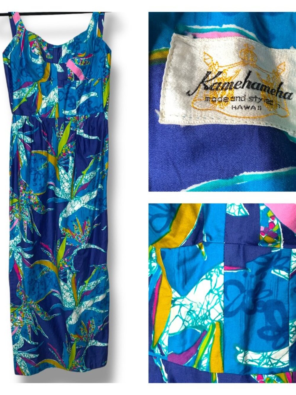 Vintage 60's Kamehameha Hawaiian Maxi Dress Blue Floral Print Aloha Size Small